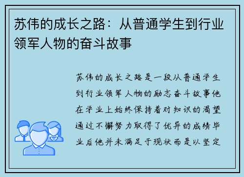 苏伟的成长之路：从普通学生到行业领军人物的奋斗故事